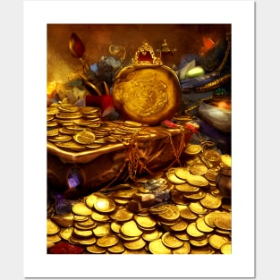 Gold Coins in Dungeon Dragon Treasure Chest Fantasy Art Posters and Art